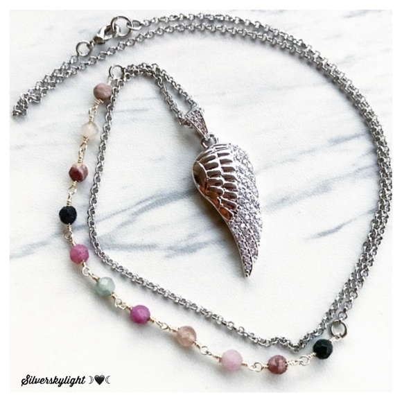 Silverskylight Jewelry - Genuine tourmaline white gold plated angel cz wing